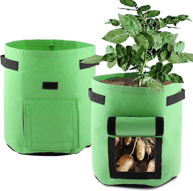 ELEOPTION Plant Grow Bags 7 Gallon 2PCS, Non-Woven Garden Potato Carrot Tomato Vegetable Planting Bag with Handles and Flap, Fabric Pots Heavy Duty Planter Bags (Green)