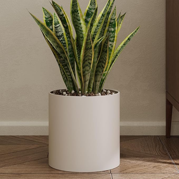 Metal Plant Pot with Drainage Hole,Mid Century Modern 7 inch Round Pot Indoor Outdoor Planters for Decorative Pots of Tabletop Living Room Bedroom Beige