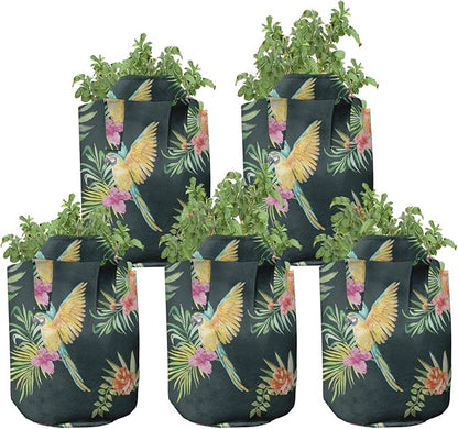 Lunarable Tropical Animals Grow Bags 5-Pack, Parrots and Flower, Heavyduty Fabric Pots with Handles for Plants, Green Yellow