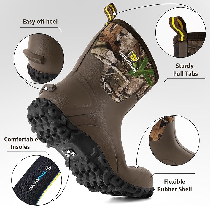 Trudave Rubber Boots for Men, 6mm Neoprene Insulated Mud Boots with Steel Shank, Men's Mid Calf Waterproof Rain Boots,Anti-Slip Rubber Work Boots for Farming Gardening Fishing,Size 7-13
