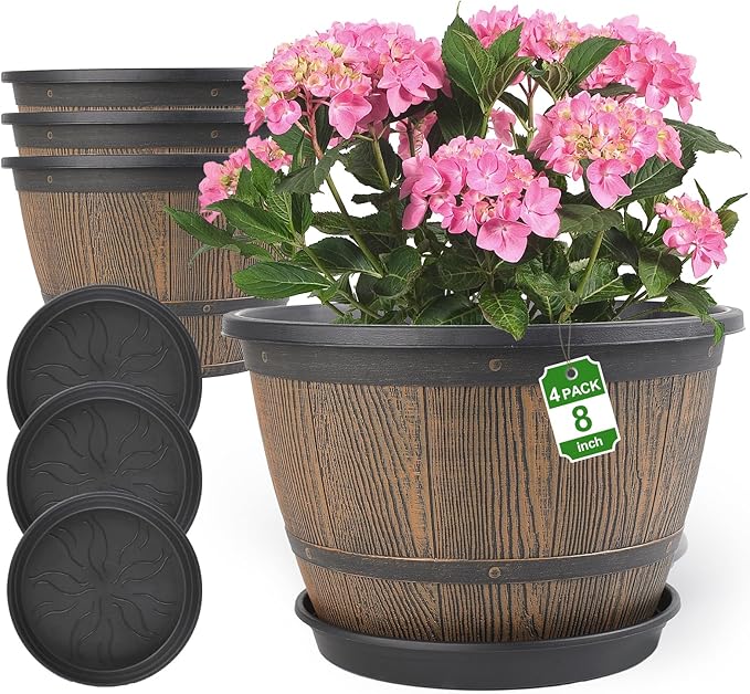 8-inch-Plant-Pots-Indoor-Outdoor, 4 Pack Whiskey Barrel Planters with Drainage Holes & Saucer, Plastic Flower Pots Imitation Wine Barrel Design, Decorative Garden Pots for Plants
