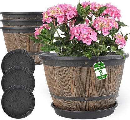 8-inch-Plant-Pots-Indoor-Outdoor, 4 Pack Whiskey Barrel Planters with Drainage Holes & Saucer, Plastic Flower Pots Imitation Wine Barrel Design, Decorative Garden Pots for Plants