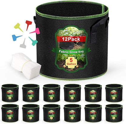 5 Gallon Grow Bags 12 Pack - Thickened Nonwoven Aeration Planter Bags with Handles, Plant Tags & Seedling Bags, Heavy Duty Black Fabric Pots for Vegetable Gardening Garden Outdoor