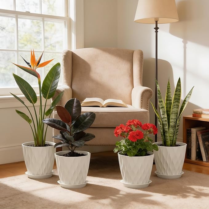 8 Inch Plant Pots, 4 Pack Plastic Planters for Indoor Outdoor with Drainage Holes & Saucers, Waffle Texture Flower Pots for Indoor Plants, Indoor Plant Pots for Monstera, Fiddle Leaf Fig, White