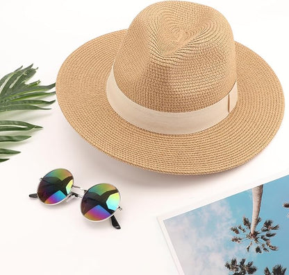 DRESHOW Women Straw Panama Hat Travel Fedora Beach Sun Hat Summer Wide Brim Straw Roll up Hat UPF 50+