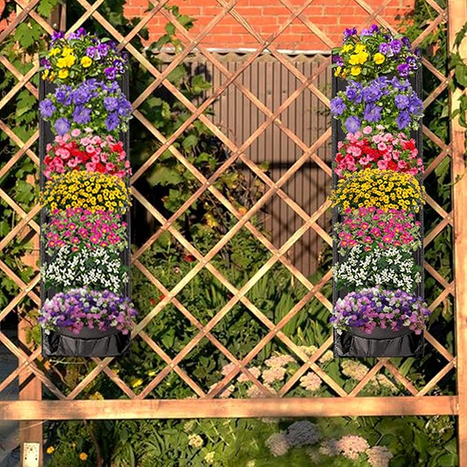 2 Packs Hanging Planter for Outdoor Plants, 7 Pocket Vertical Wall Planter, Balcony Planter, Railing Planter, Garden Balcony Decor