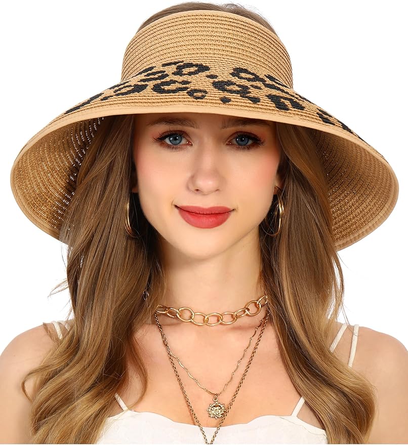 Womens Beach Straw Sun Hats Ponytail Hole Wide Brim Summer Visor Foldable Hat Sun Protection Packable for Travel Pool