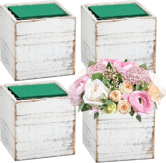 Dandat 4 Sets Wooden Cube Planter Boxes for Centerpiece 4 Inch Flower White Wood Rustic Square Vase with Removable Plastic Liner Floral Foam Block for Garden Wedding Home Arrangement Decor