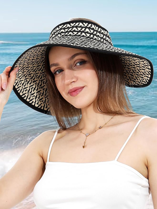 Womens Beach Straw Sun Hats Ponytail Hole Wide Brim Summer Visor Foldable Hat Sun Protection Packable for Travel Pool