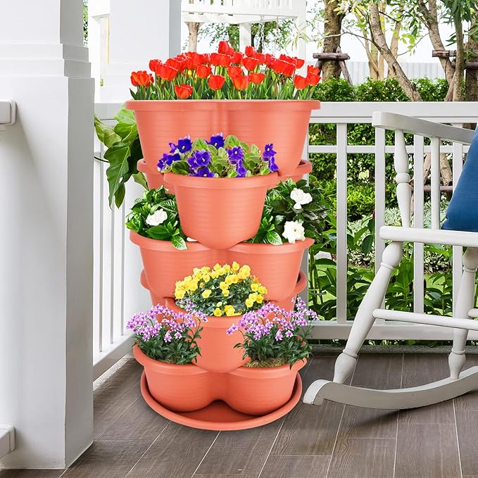 5 Tier Vertical Planters Stackable Gardening Planter for Strawberries, Flowers, Herb and Vegetables, Brick Red