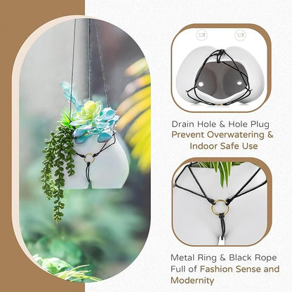 Funny Planter Gift for Plant Lovers: Cute Hanging Plant Pot for Outdoor Indoor Plants - Resin White Vase Succulents Pots with Rope