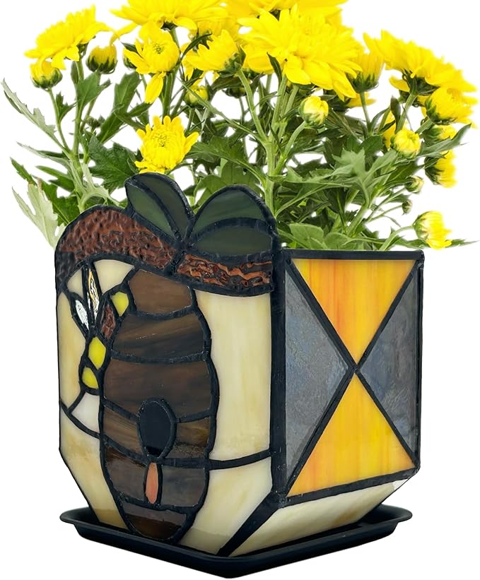 Stained Glass Bees Flower Pot, Fun Honeycomb Planter for Indoor Plants,Indoor Planters with Drainage and Tray,Cute Bee Plant Pots,Gifts for Plant Lovers