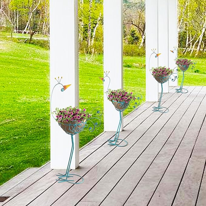 J-Fly Peacock Metal Plant Stand 2 Sets Flower Pots Holders, Planters for Outdoor Indoor Plants with Coconut Pots, Front Porch Garden Balcony Patio Decor for Plant, Valentine Decoration Gifts