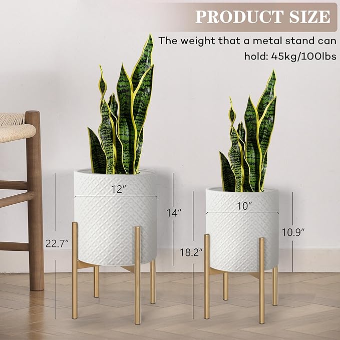 Oakrain Mid Century Planters for Indoor Plants, Metal Plant Set of 2, Modern Decorative Plant Pots for Living Room, Garden, Balcony, White Planters with Glod Plant Stands, 10 inch & 12 inch