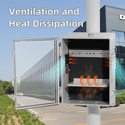 Joinfworld Outdoor Electrical Vented Box Outdoor Waterproof Junction Enclosure 16x11x6 Plastic WiFi Box with Stainless Steel Buckle Dust Screen 12V Fan