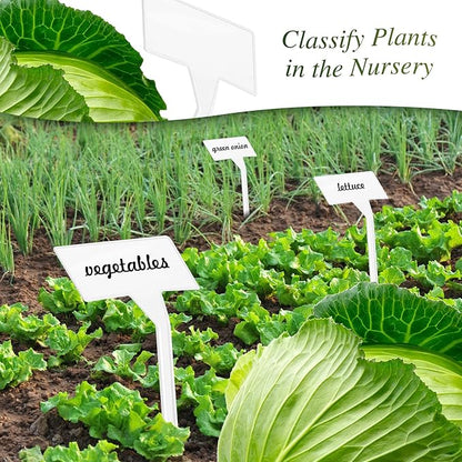 202 Pcs Large Plant Labels Kit, Include 100 Outdoor Plastic Plant T Type Tags Waterproof Reusable Plant Markers Stakes, 100 PET Films and 2 Marker Pens for Garden Herbs Flowers Pot (White, 11.8 Inch)