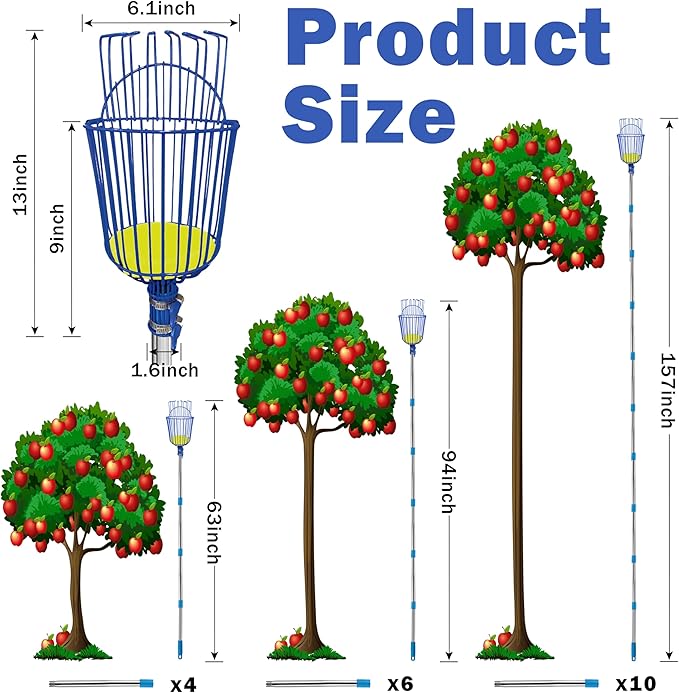 Fruit Picker Upgraded Round Claws Can Reduce Fruit Damage Lengths from 5 to 13 Feet Fruit Picker Pole with Basket Telescoping Suitable for Cherry Lemon Pear Mango Trees and More (95inch)