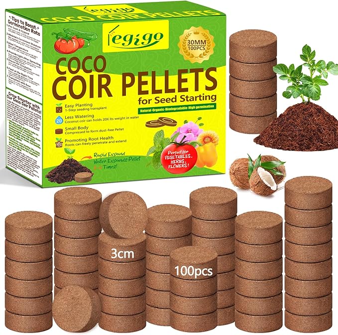 Legigo 100 Pcs 30mm Coco Coir Pellets Seed Starter Soil Mix- Organic Coconut Coir Potting Soil Pods for Seedling, Coco Peat Soil Discs for Indoor & Outdoor Plants Bonsai Herbs Vegetables and Flowers