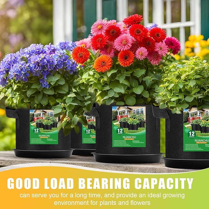 12 Sets 2 Gallon Grow Bags with Plant Saucers, Durable Fabric Plant Pots with Handles, Aeration Drainage Planter Bags for Planter, Reusable Garden Bags Drip Trays Set for Indoor Outdoor