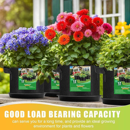 12 Sets 2 Gallon Grow Bags with Plant Saucers, Durable Fabric Plant Pots with Handles, Aeration Drainage Planter Bags for Planter, Reusable Garden Bags Drip Trays Set for Indoor Outdoor