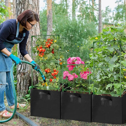 ANPHSIN 3 Sets Tomato Cages with 17 Gallon Grow Bags, 46'' Heavy-Duty Plant Support Trellis Tomato Planter Pots Kit, Garden Vegetables Cucumber Flowers Vertical Climbing Plants Vines