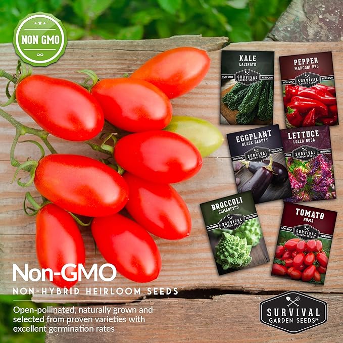 Italian Heirloom Vegetable Seeds – 6 Variety Garden Collection for Planting with Romanesco Broccoli, Roma Tomato, Marconi Pepper, & More – Non-GMO Vegetables for Home Gardens – Survival Garden Seeds