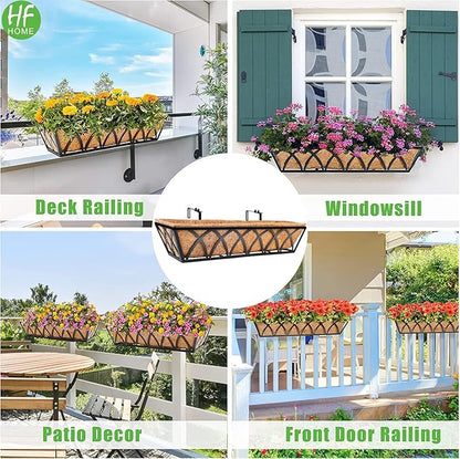 HFHOME 24 inch Window Deck Rail Planter Including Coco Liner, 24" Dia Window Box Horse Trough with Coconut Coir Liners, Black Metal Hanging Flower Planter Basket for Indoor Outdoor Lawn - Set of 2