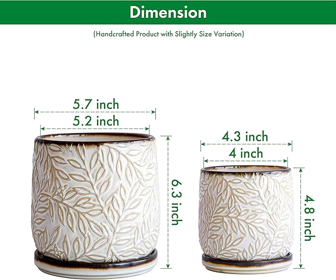 D'vine Dev Embossed Leaves Design 4 Inch & 6 Inch Stoneware Planter Pot with Drainage Hole and Saucer, Smoked White, 27-B-U-1