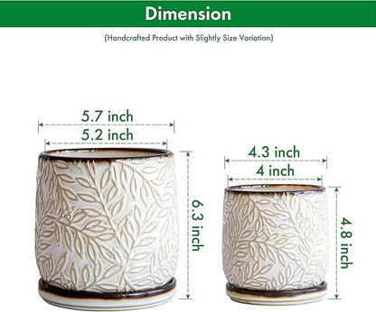 D'vine Dev Embossed Leaves Design 4 Inch & 6 Inch Stoneware Planter Pot with Drainage Hole and Saucer, Smoked White, 27-B-U-1