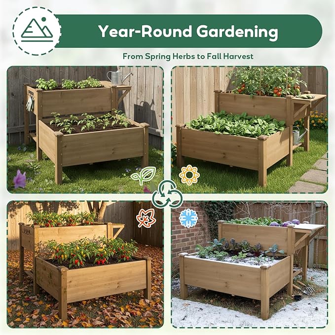 PetsCosset Raised Garden Bed, Outdoor Wood Elevated Planter Box, FirWood Garden Beds with Storage Shelf, Protective Liner, Table Ledge,for Vegetable, Herb, and Flower Cultivation (2 Storey)