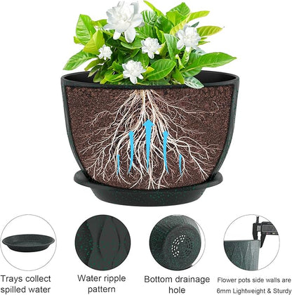 12 inch Large Plant Pots, Flower Pots with Multi-Mesh Drainage Holes and Saucer, Plastic Planters for Indoor and Outdoor Garden Plants (Black with Green Speckles, 12")