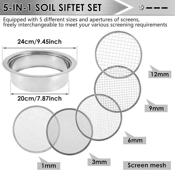 Soil Sieve Set with 5 Interchangeable Meshes Sizes 1/3/6/9/12mm, Stainless Steel Riddle Sieve Pan with Shovel 24cm Garden Potting Soil Sifter for Gardening Dirt Sand Soil Rocks