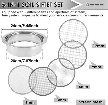 Soil Sieve Set with 5 Interchangeable Meshes Sizes 1/3/6/9/12mm, Stainless Steel Riddle Sieve Pan with Shovel 24cm Garden Potting Soil Sifter for Gardening Dirt Sand Soil Rocks