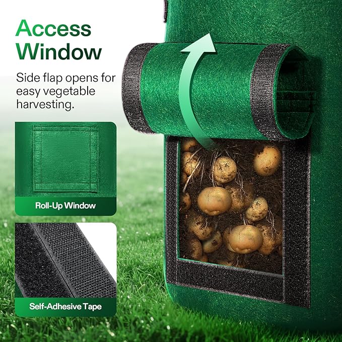VIVOSUN 5-Pack 10 Gallon Potato Grow Bags for Growing Potatoes, Fabric Potato Pots with Handle and Roll-up Window, Potato Growing Containers Potato Planter Potato Planter for Growing Potatoes, Green