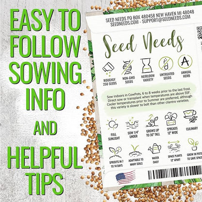 Seed Needs Cilantro Seeds for Planting Coriander Kitchen Herbs - Non-GMO Heirloom & Untreated - Grow a Home Grown Herb Garden Indoors or Outdoors (2 Packs)