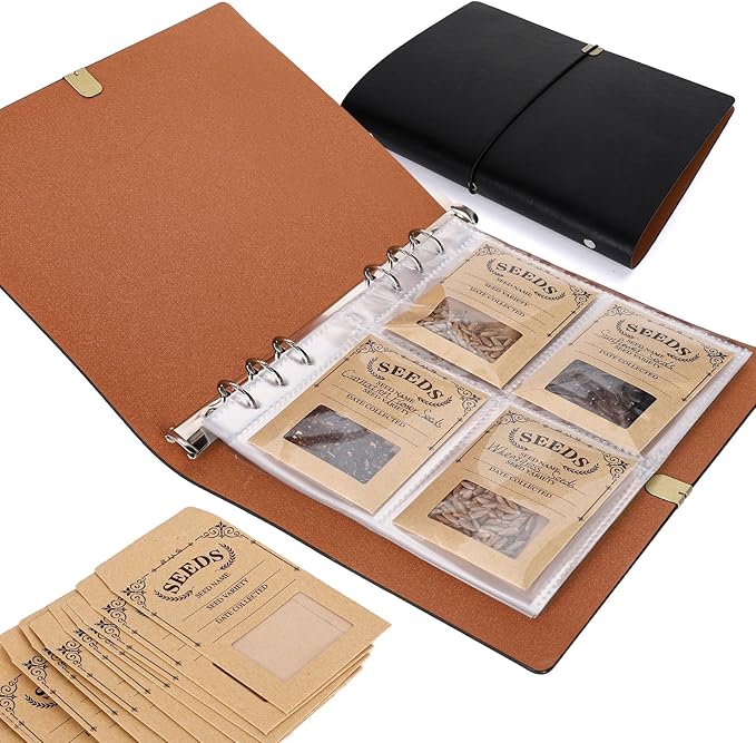 Seed Storage Organizer,100 Packets Seed Organizer Binder with 50Pcs Kraft Adhesive Seed Storage Envelopes with Window for Flower Garden Vegetable Collection