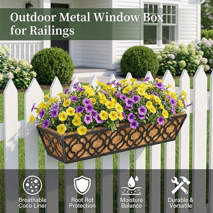 HFHOME 4 Pcs 30" Window Box Deck Railing Planter with Horse Trough Coco Liners, Black Metal Hanging Flower Planters Baskets for Indoor, Outdoor, Balcony, Porch, Fence, Patio, and Lawn
