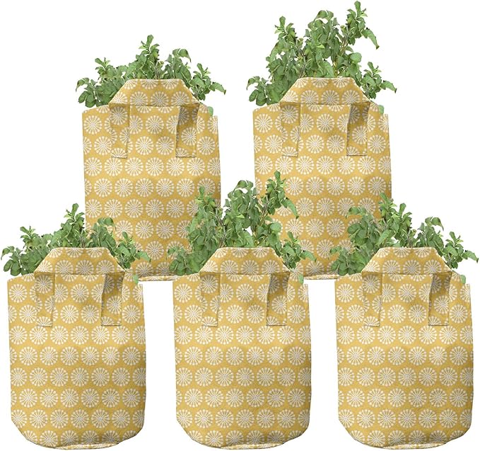 Ambesonne Yellow and White Grow Bags 5-Pack, Shabby Blossom, Heavyduty Fabric Pots with Handles for Plants, Marigold White