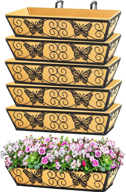 6 Pack 24 Inch Window Boxes Planters Railing Planter Box with Adjustable Brackets for Porch Fence Patio Balcony Hanging Flower Baskets with Woven Fabric for Outdoor Garden Decor - Black