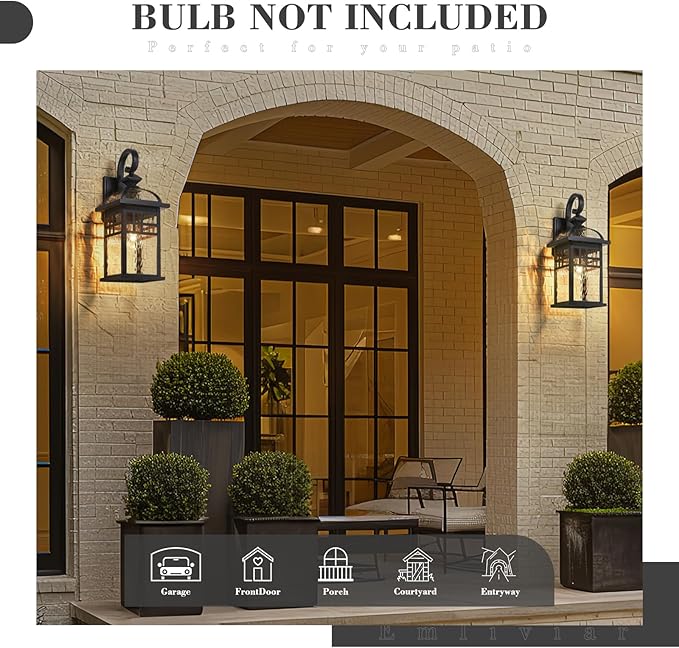 Emliviar Black Exterior Lighting Fixture, 22 Inch Farmhouse Outside Lights for House with Water Ripple Glass, DE281B-M BK-WP