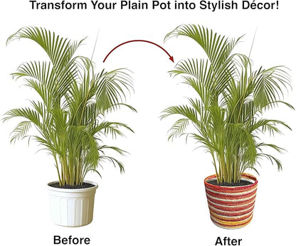 Planter Basket Set – 5-Piece Handwoven Jute Planter Basket for Home Decor, Nursery, or Indoor Plants (5'' to 8'' Diameter, 4.75'' to 7.75'' Height) – Fold & Wrinkle Free - Orange Sunset Stripe