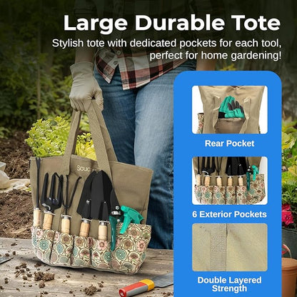 Scuddles Heavy Duty Garden Tool Bag with Stainless Steel Hand Tools, Non Slip Rubber Grip Wooden Handles, Garden Gloves with Fingertip Claws, Reinforced Tote for Planting, Pruning, Landscaping