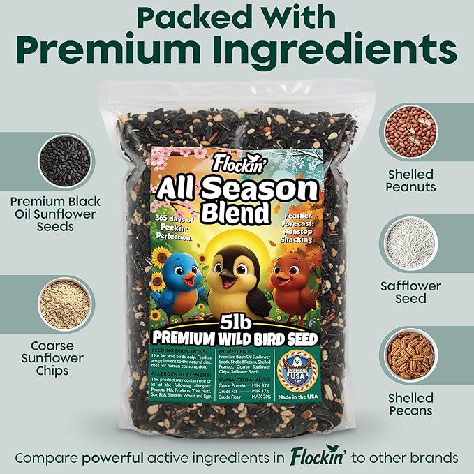 Year-Round Bird Food for Outside Wild Birds - Premium Bird Feed with Sunflower Seeds, Chips & Peanuts - Bird Seeds for Outside Wild Birds - Attracts Various Songbirds - No Fillers - USA Made (5LBS)