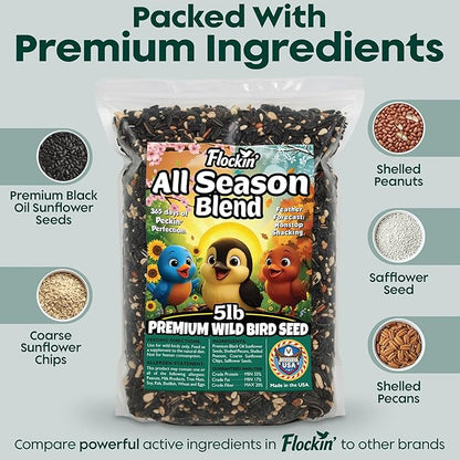 Year-Round Bird Food for Outside Wild Birds - Premium Bird Feed with Sunflower Seeds, Chips & Peanuts - Bird Seeds for Outside Wild Birds - Attracts Various Songbirds - No Fillers - USA Made (5LBS)