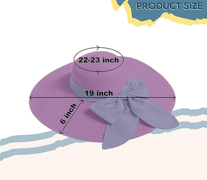 Women's Wide Brim UPF 50+ Straw Sun Hat with Bow - Foldable Packable Summer Beach Hat with Chin Strap