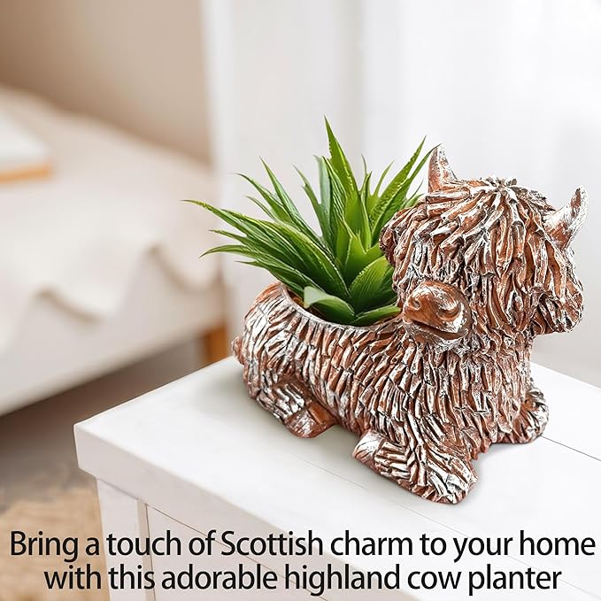 2Pcs Cute Highland Cow Planter Small Adorable Scottish Resin Flower Pot for Succulents Decorative Gift with Drainage Hole Farmhouse Home Decor for Plant Lover (Brown 5.9" L x 3.3" W)