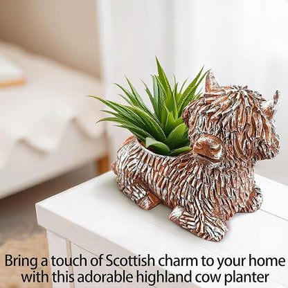 2Pcs Cute Highland Cow Planter Small Adorable Scottish Resin Flower Pot for Succulents Decorative Gift with Drainage Hole Farmhouse Home Decor for Plant Lover (Brown 5.9" L x 3.3" W)