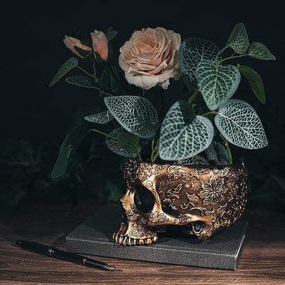 Bronze Skull Planter Pot 6 Inch Skeleton Head Pot for Succulents Flowers, & Bowl Dish Gothic Decor for Garden Home Parties Haunted House Spooky Black Display Halloween Skull Flower Pot Decoration Gift