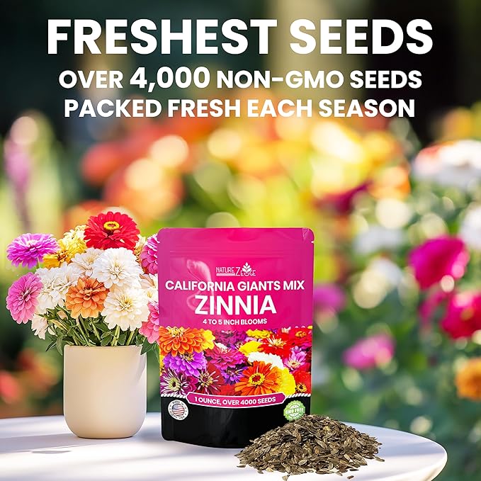 NatureZ Edge Zinnia Seeds for 2026 Planting Outdoors, Over 4000 Flower Seeds, 1 Oz, Non GMO Made in USA, Bulk Semillas De Flores para Sembrar, California Giants, Easy to Grow Zinnia Seed Mix
