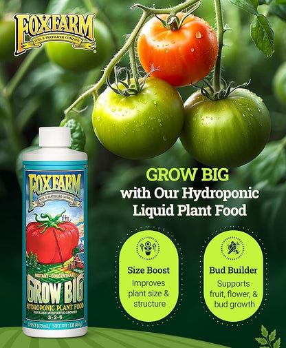 FoxFarm Grow Big Hydroponic Plant Food - 3-2-6 Liquid Plant Fertilizer for Lush Vegetative Growth in Hydroponic Systems - Liquid Concentrate with Earthworm Castings & Micronutrients - 1 Pint